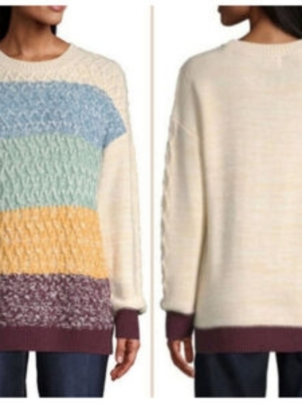 St. John's Bay Cream Cable-Knit Sweater with Blue, Green, Gold & Brown Stripes